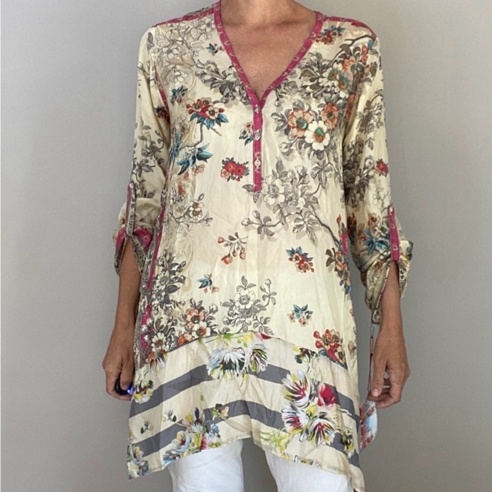 Johnny Was Cream Asymmetrical Tunic 3/4 Sleeve